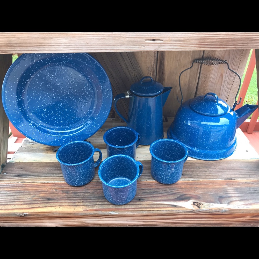 Vintage blue enamelware lot
